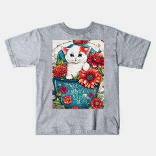 Cat Among Flowers And  Butterflies Kids T-Shirt